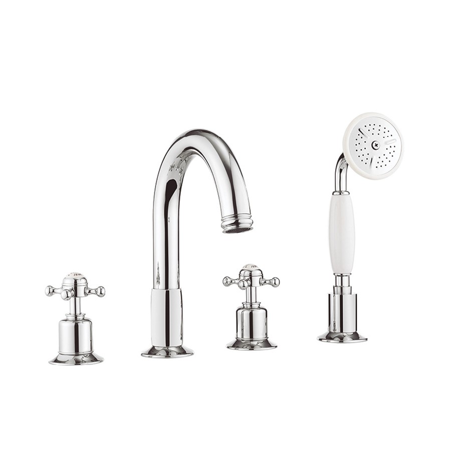 Belgravia Deck Mount 4 Hole Bathtub Faucet with Handshower and Cross