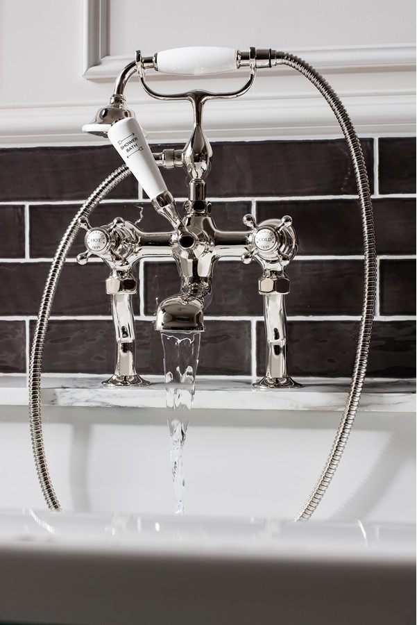 Belgravia Exposed Deck Mount Bathtub Faucet with Handshower and Cross