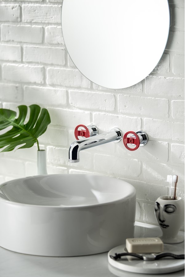 UNION Widespread Wall Mount Basin Bathroom Faucet with Red Round Handle