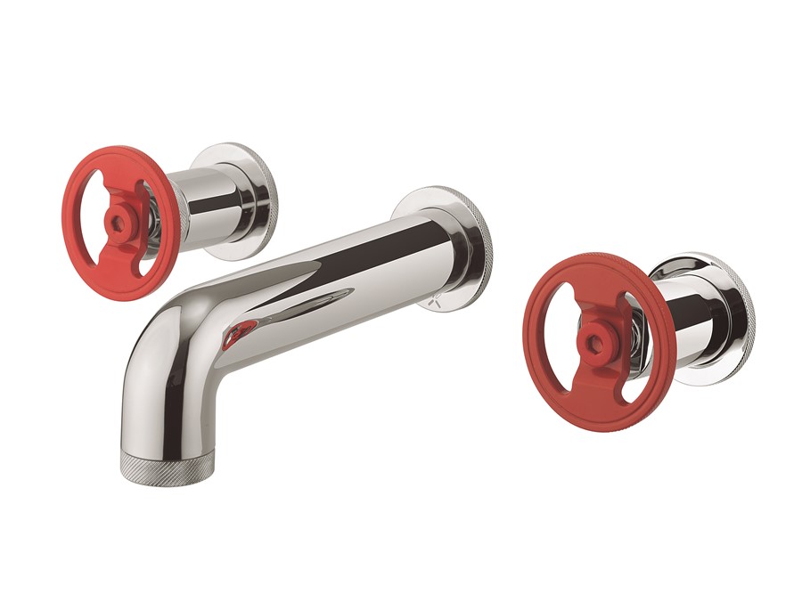 UNION Widespread Wall Mount Basin Bathroom Faucet with Red Round Handle