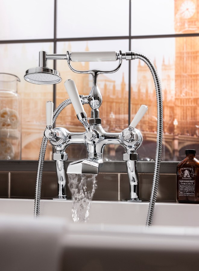 Waldorf Exposed Deck Mount Bathtub Faucet with Handshower and White